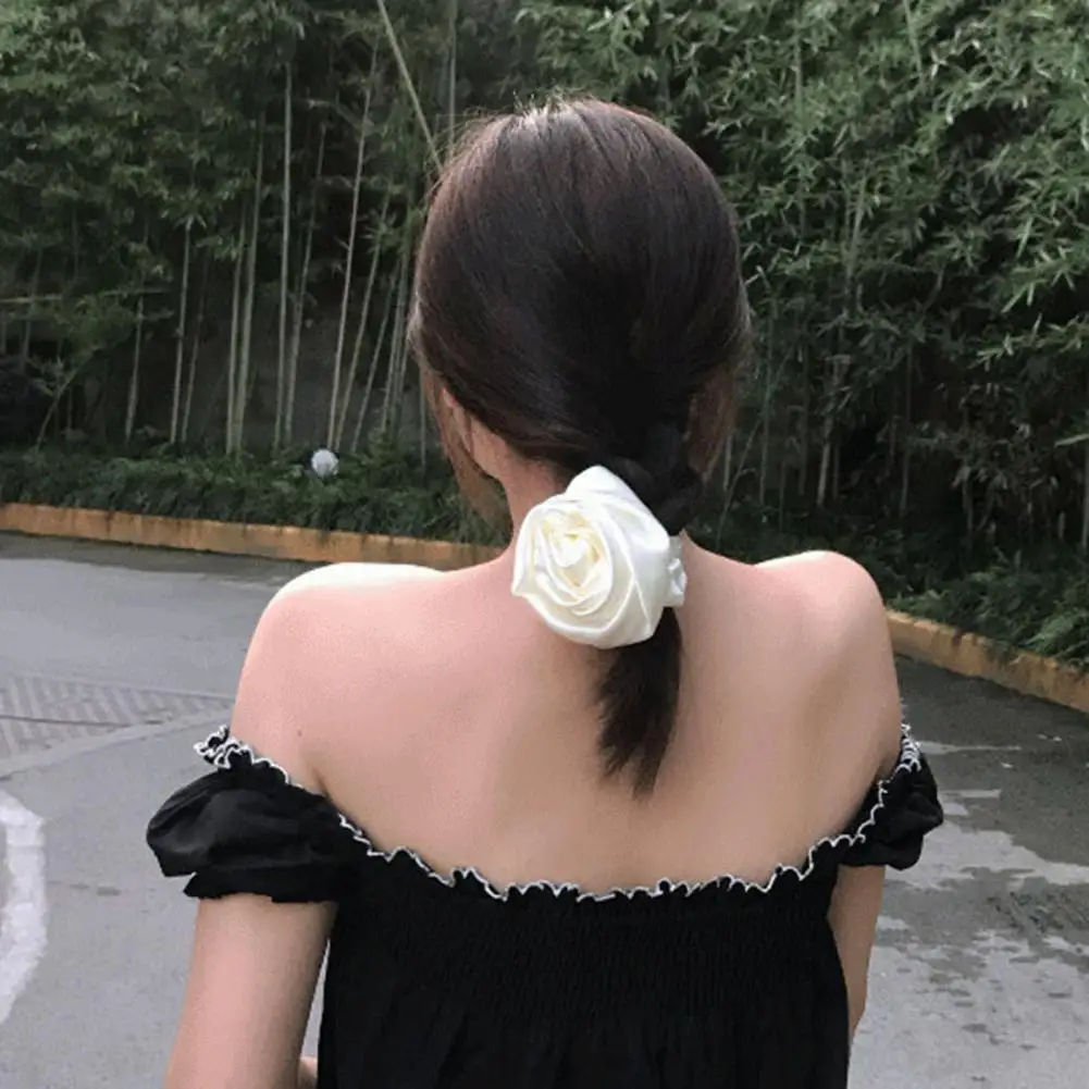 Scalp-friendly Hair Ring Elegant Satin Rose Hair Rings for Stylish Women 3d Flower Decor Elastic Bands for Charming Hair