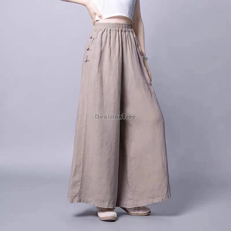 2024 chinese ethnic solid color literature art pants elastic waist wid leg cotton linen trousers breathable versatile tea pants