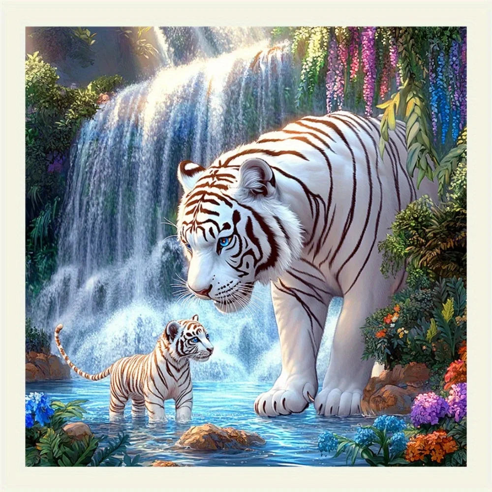 Majestic White Tiger and Cub Waterfall Jungle Tapestry Wall Hanging Decor Fantasy Wildlife Nature Art Print for Home Room Decor
