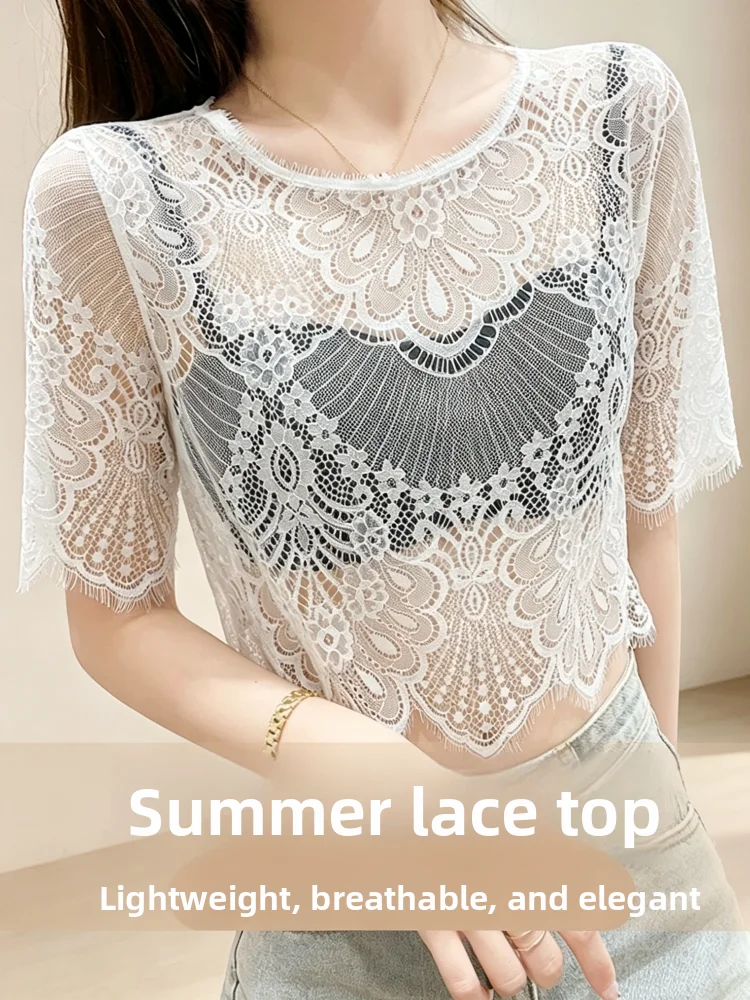 Women's Short Lace Shirt Inner Wear Base Layer Hollow out Arm Covering Blouse Floral  Summer Fashion Loose Polyester