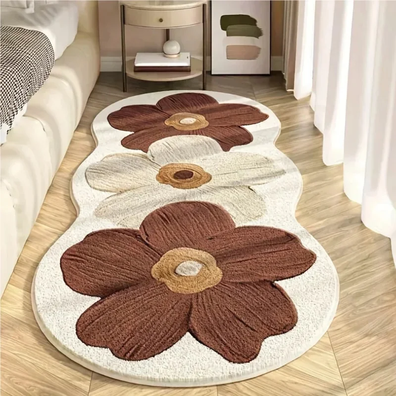 Nordic Style Floral Area Rug Blue Beige Flower Plush Mat Decorative Carpet for Bedroom Girls Room Home Decor