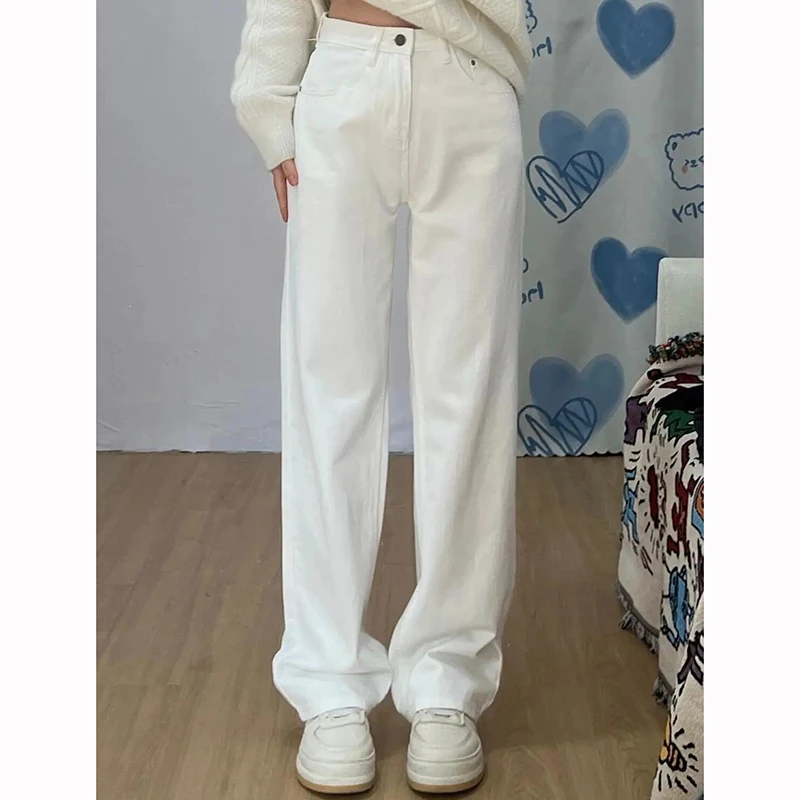 

Girls Korean High Waist Thin Solid Jeans Female Classic Narrow Straight Leg Pants Hot Sale Women Fashion Denim Trousers