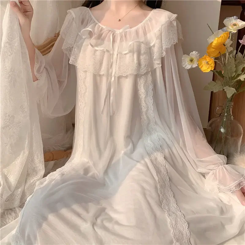 Sleepwear Women Nightwear Women\'s Sweet New Summer Long-sleeved Sexy Lace Home Clothes Night Gown Sleep Dress