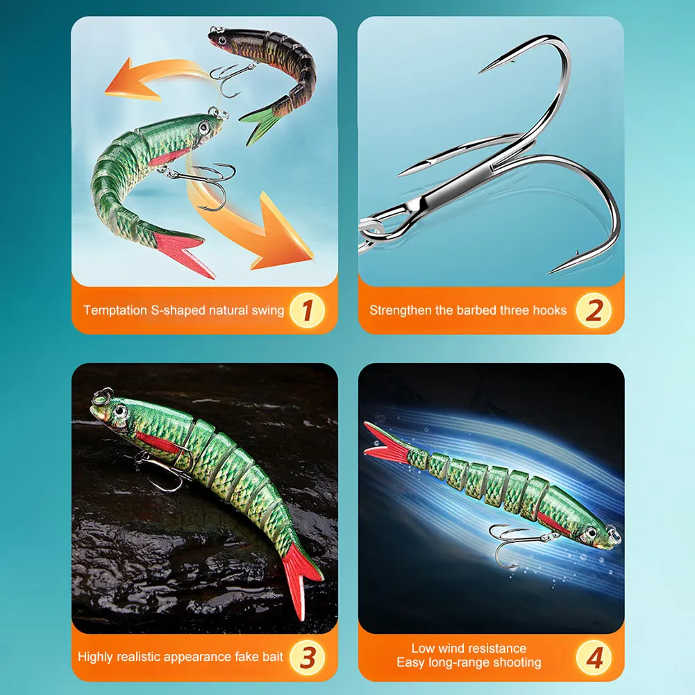 5 قطعة طعوم سباحة متعددة المفاصل مع خطافات ثلاثية متعددة الأقسام طعم صلب غرق المتذبذب طعوم صيد السمك لسمك السلمون المرقط بايك باس
