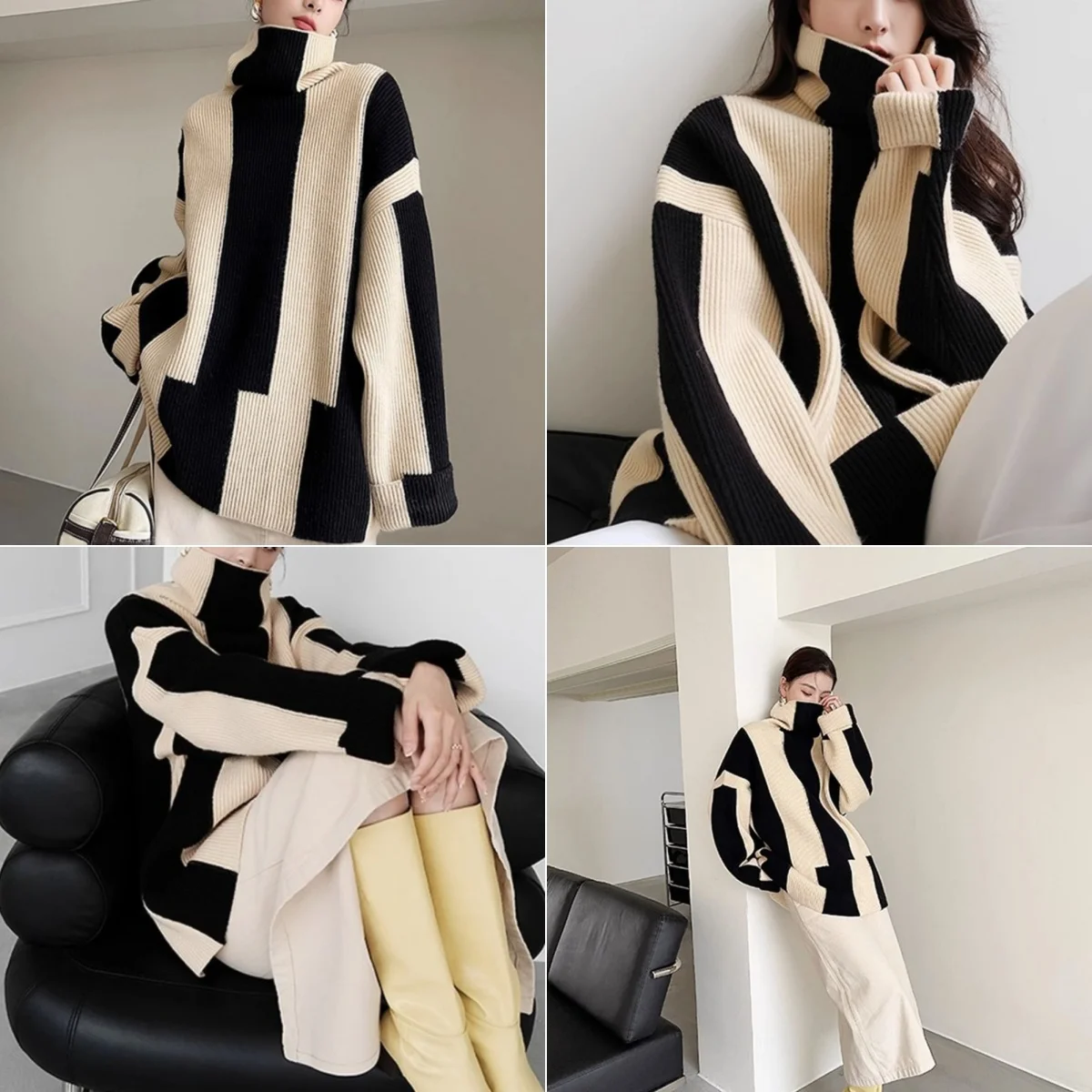 High-crowned Lazy Style Black White Stripe Wool Coat Women Autumn Winter Outdoor Warm Soft Cover Knitted Top Thick