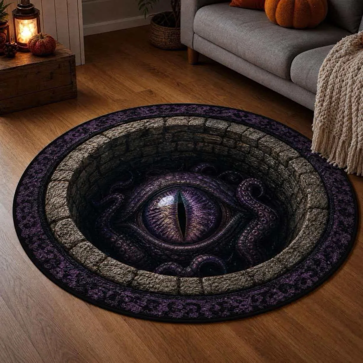 Horror Halloween Round Rug Bat Cat Skull Printed Plush Surface Non-slip Carpet for Home Outdoor Decor Door Mat, Cthulhu Antenna