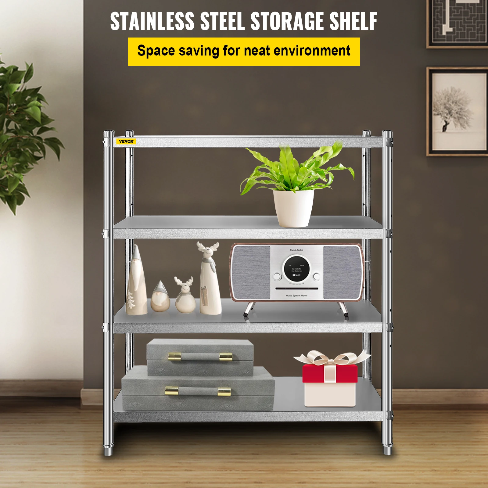 VEVOR Stainless Steel Shelving,46.8x18.5 Inch 4 Tier Adjustable Shelf Storage Unit,Heavy Duty Shelving for Kitchen Office Garage