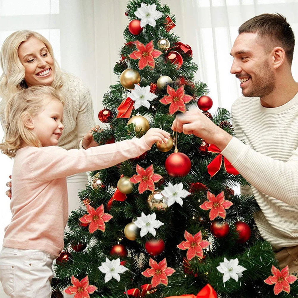 10 قطع عيد الميلاد البونسيتة الزهور الأحمر بريق الاصطناعي ديكور لشجرة عيد الميلاد إكليل عطلة حزب مكتب مول العرض #1