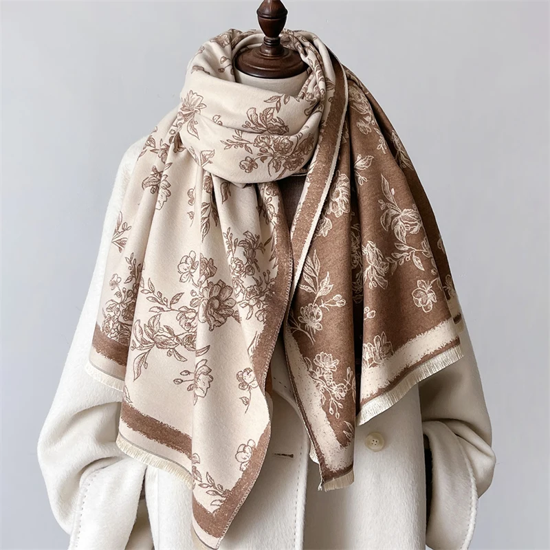 2024 Double-Sided Floral Printing Designer Lady Winter Women Scarf Cashmere Thicken Warm Shawl Pashmina Female Wrap Neckerchief