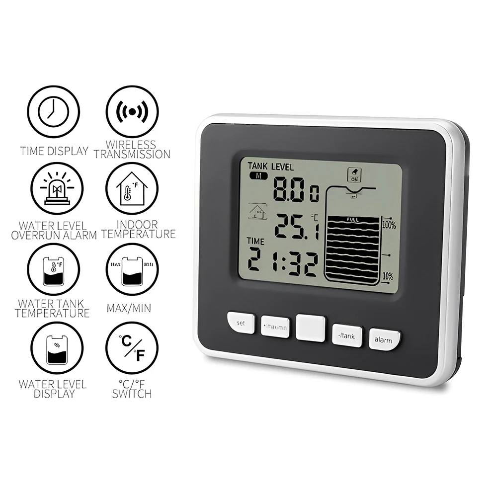 Imagem -04 - Ultrasonic Água Tanque Nível Medidor Sensor Exibição de Temperatura Tempo Alarme Transmissor Receptor Dispositivo de Medição de Profundidade Líquida Ft002