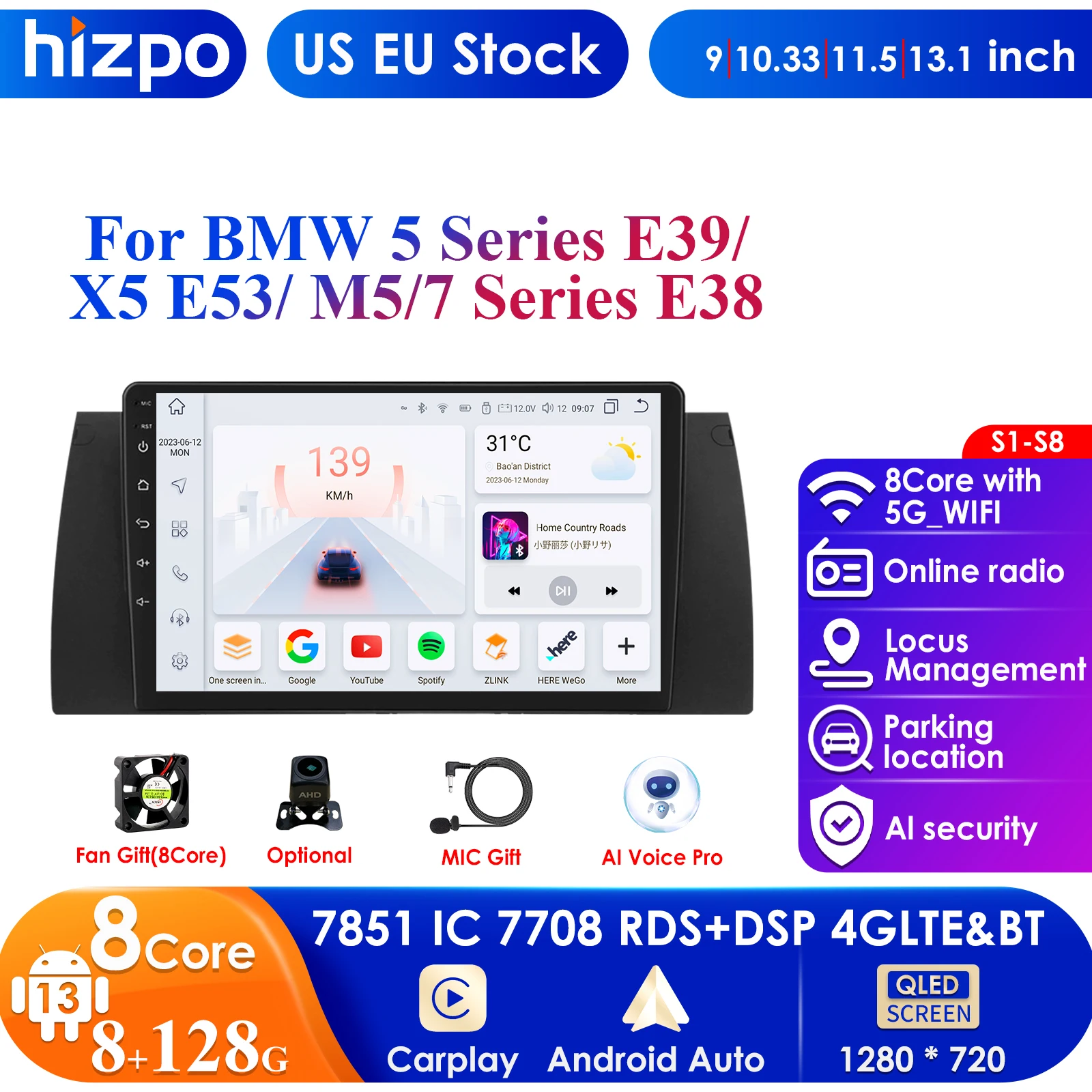 Hizpo 4G 9'' 10.33'' AI Intelligent Systems CarPlay Android Auto Radio for BMW 5 X5 E53 E39 M5 1996-2003 Car Multimedia GPS WIFI