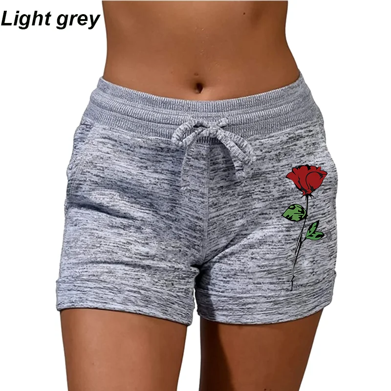 Trending Rose Printed Women Shorts Drawstring High Waist Sport Stretchy Shorts Plus Size Elastic Waist Yoga Running Shorts