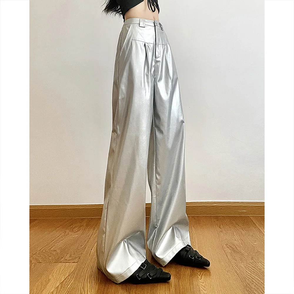 Summer New Women's Silver Solid Color Loose Street Fashion High Waist Casual Straight Leg Wide Leg Pants