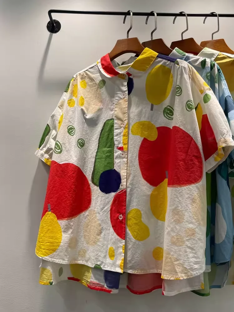 Women\'s beach shirt 100% cotton harajuku fashion blue yellow green cartoon geometric print oversized shirts large size tops