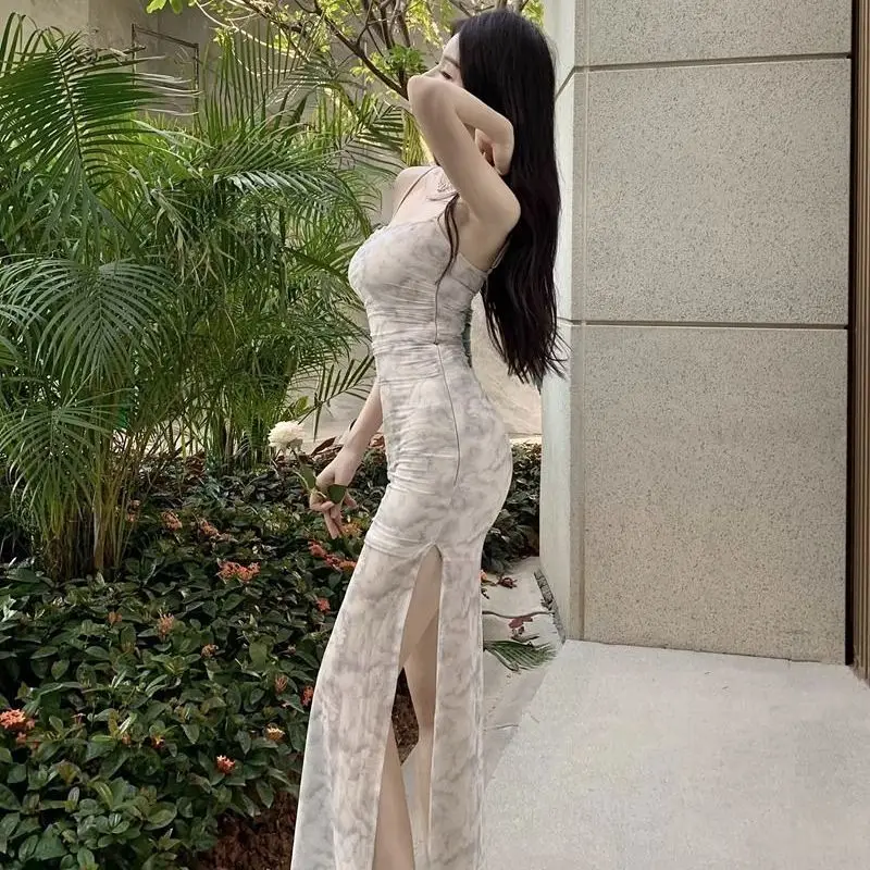 2025 الصيف مثير السباغيتي حزام طباعة سبليت فستان للنساء الكورية موضة سليم صالح ومزاجه التخسيس فستان طويل أنيق #3