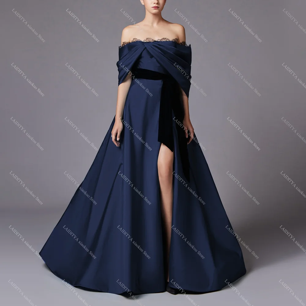 فساتين حفلة موسيقية للنساء أزياء من الدانتل مطوي قبالة الكتف فساتين الحفلات الأنيقة الرسمية ذات الشق الجانبي بطول الأرض فساتين السهرة