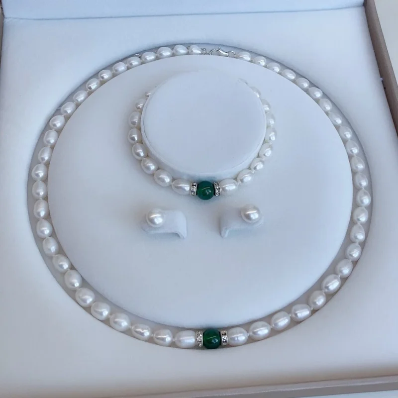 

Natural Freshwater Pearl Necklace Female Green Agate Choker Collarbone Chain Earrings Bracelet