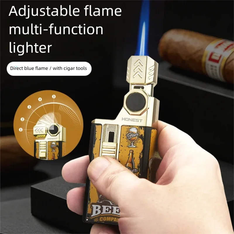 New Honest Windproof Lighter with Cigar Needle Cigar Cutter, Inflatable Blue Flame Direct Men's Gift Lighter