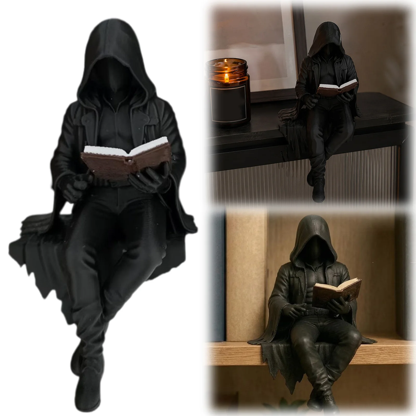 Resin Sitting Hooded Ghost Figurine with Book Robe Man Reading Statue Gothic Decor Fantasy Black Cloak Figurine for Office Shelf