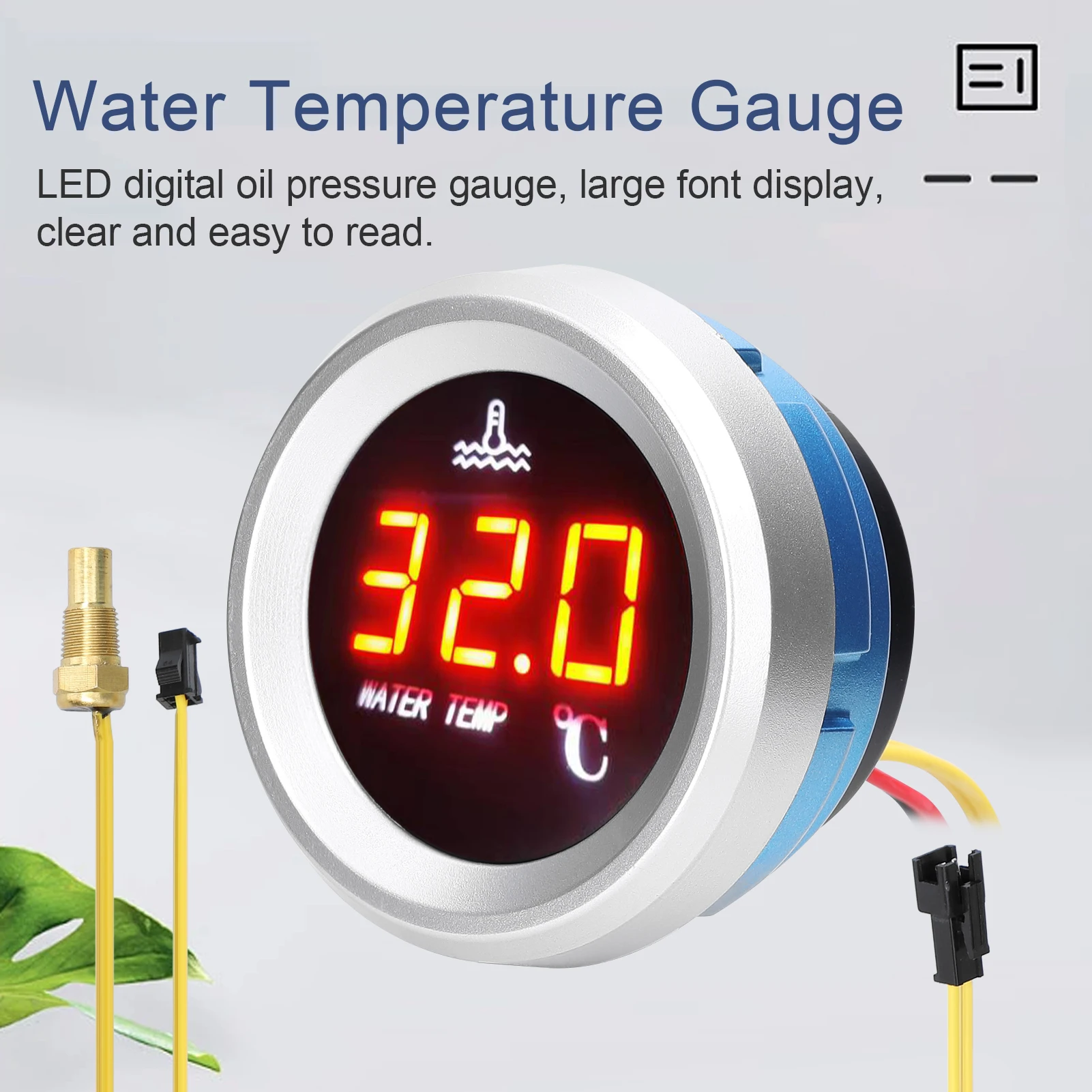 52mm Water Temperature Gauge Car Digital Meter LED Display 9-36V with Temperature Sensor Alarm Function