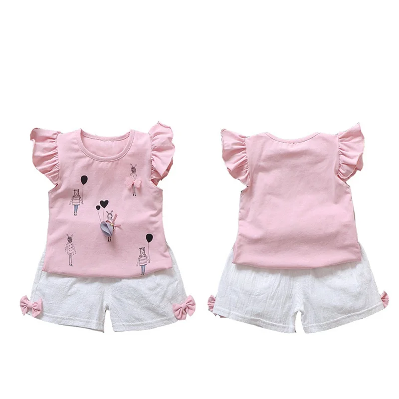 Baby Girls\' Ruffle manga curta camiseta e calças conjunto, roupas de verão, terno 2pcs, arco adorável, traje casual infantil, roupa, A515