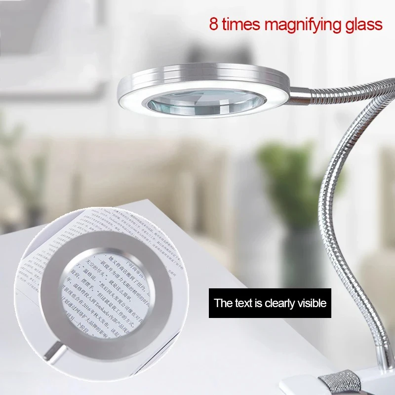 8X Adjustable Magnifier Portable LED Desk Lamp Magnifying Glass with Clip and Circular Light for Elderly Reading/Repair/Jewelry