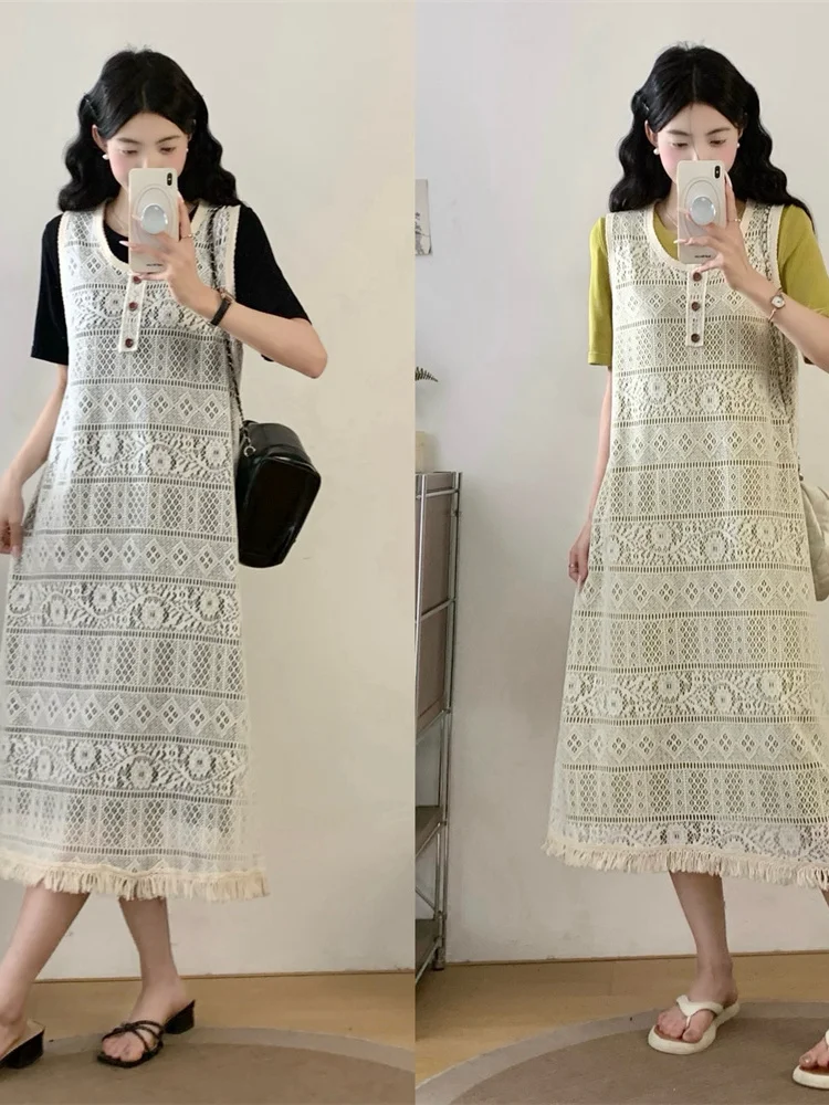 

2026 Summer Large Size Casual Style Splice Vacation Feel Tassel Trim Vest Dress Slimming Short Sleeve Midi Dress Two Piece Set