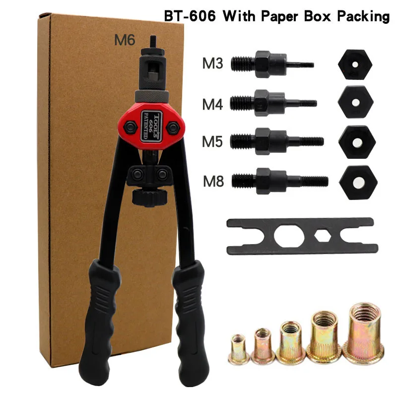 Porca com mão rosqueada rebite porcas arma bt606 m3 m4 m5 m6 m8 rebitador manual de inserção dupla arma rebitagem ferramenta rivnut