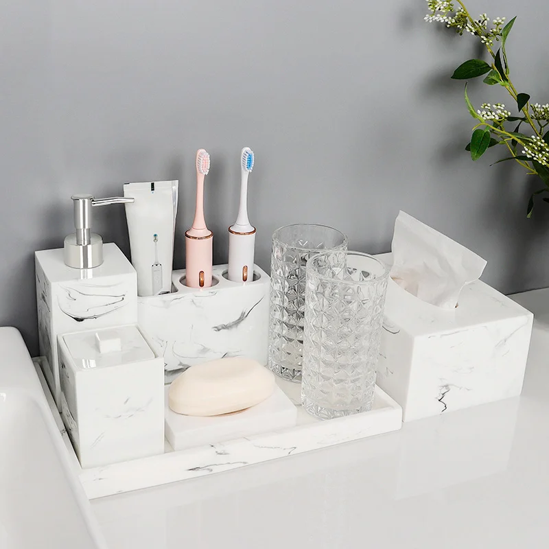 luxurious white ink Resin Bathroom Decoration Accessories upscale Five Piece toothbrush holder Shower storage tray