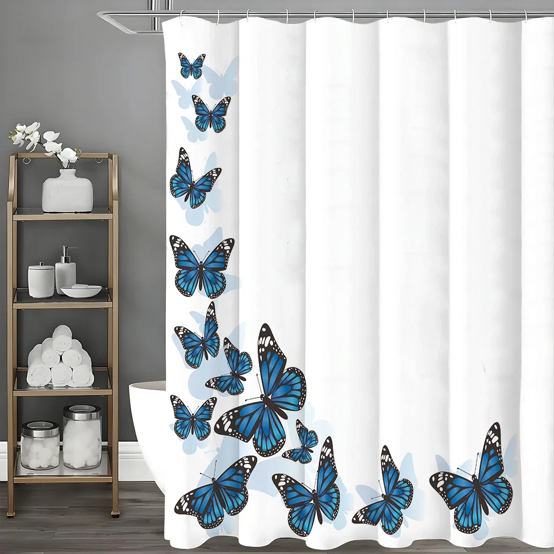 

Занавеска для душа с синей бабочкой, декоративная занавеска для душа для ванной комнаты, водонепроницаемая занавеска для душа с крючками 180x180 см