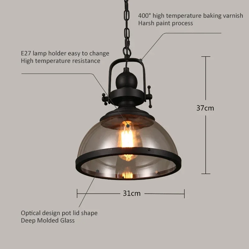 Iron LED Pendant Lights Loft Industrial Kitchen Hanging Lamp for Dining Room Decor Home Light Fixtures Glass Lampshade