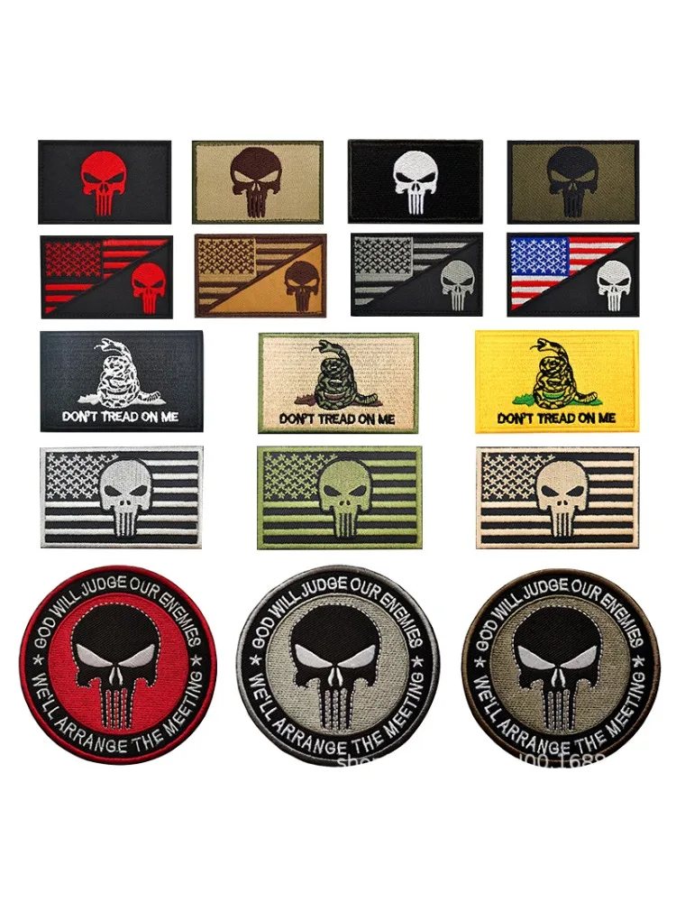 Punish Skull Series Embroidered Hook&loop Patches for Tactical Gears DIY USA Flag with Skull Morale Badge Gadsden Flag Emblem
