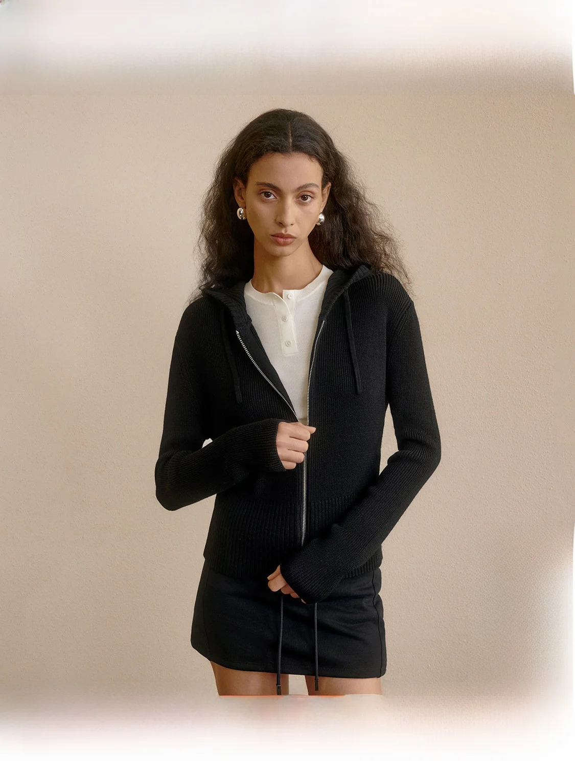 

ZhiZhi Yellow Slow Women's Zipper Wool Jaet High Twist Casual Top Bla Cotton Silk Wool Blend Long Sve Hooded Coat