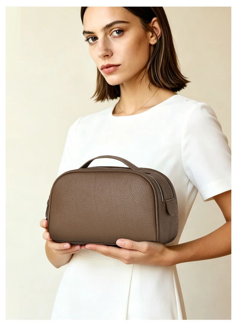 Damen-Kulturtasche aus genarbtem Leder, große Reise-Kosmetiktasche mit Griff, ideal für Reisen und den täglichen Gebrauch – Detail 3