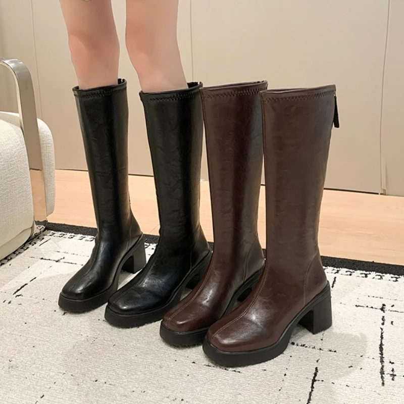 New Women Square Toe Knee High Boots PU Leather Chunky Block Heel Back Zipper Platform Vintage Autumn Winter Ladies Long Boots