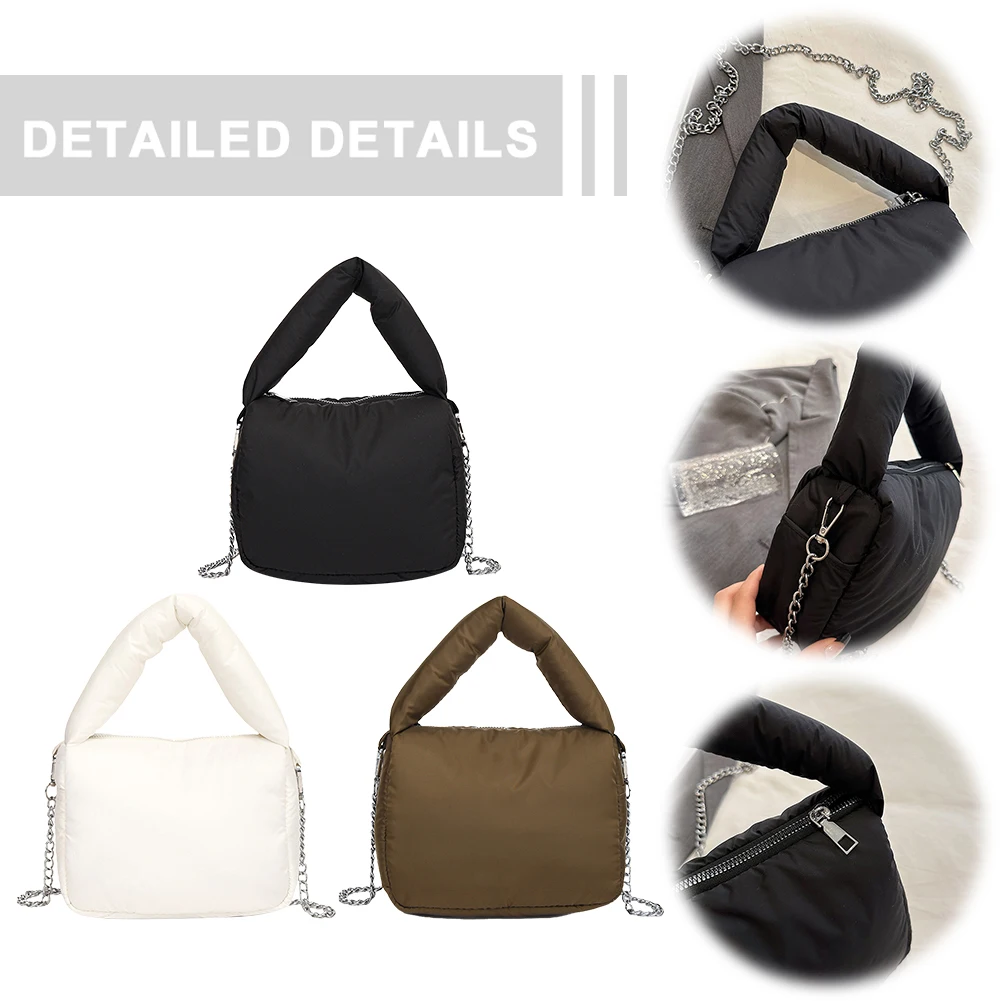 

Women Nylon Shoulder Bag Zipper Closure Top-Handle Bag with Chain Solid Color Small Tote Bag for Work Travel