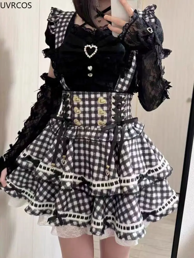 Japanese Gothic Lolita Style Rhinestone Bow Dress Shorts Set Women Elegant Sweet Slim Plaid Strap Dress Kawaii Cute Y2k Outfits