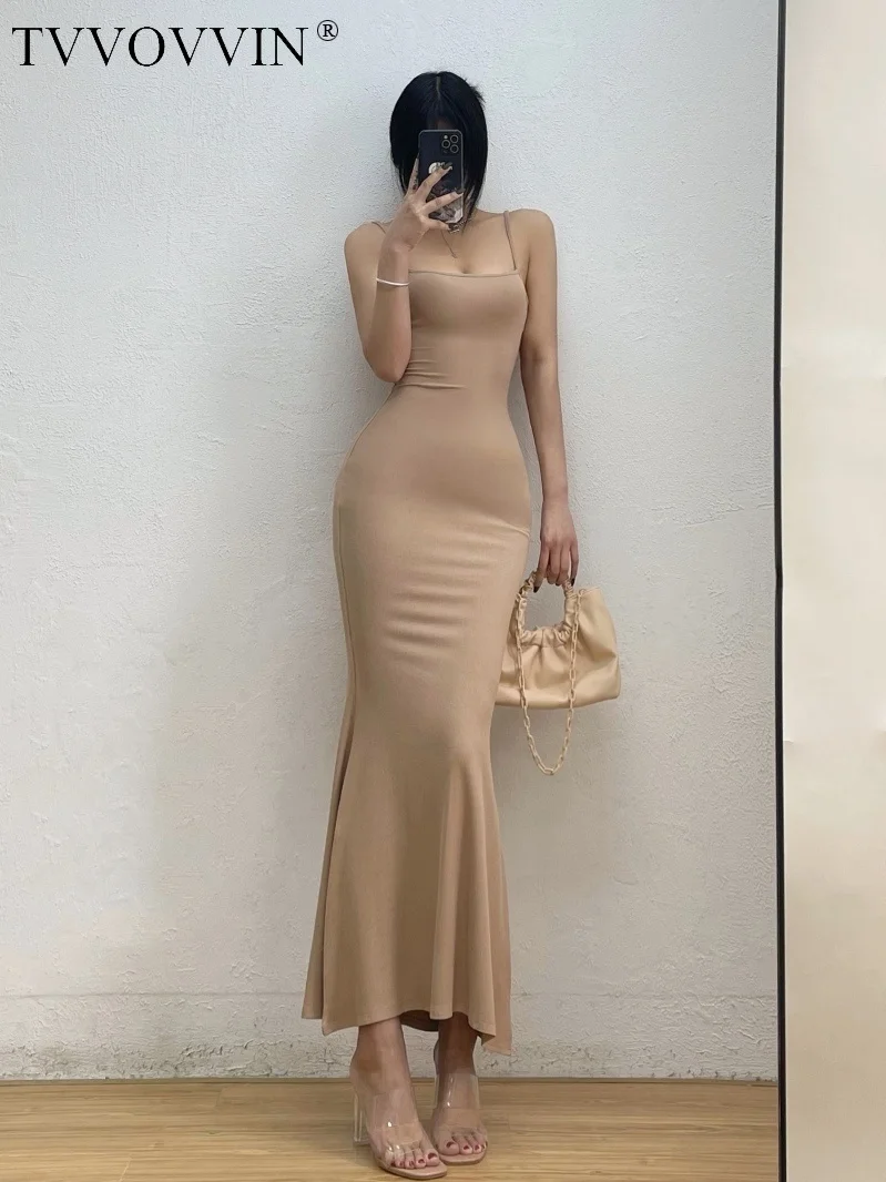 

French Fashion TVVOVVIN Sexy Style Solid Color High Waist Tight Sling Dress High Street Slash Neck Folds Women's Clothing P4TI