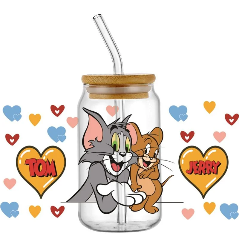 Anime Cat and Mouse Pattern UV DTF Wraps Transfer Sticker DIY For 16oz Libbey Glass Cup Waterproof Wrap Transfers Decals Cup