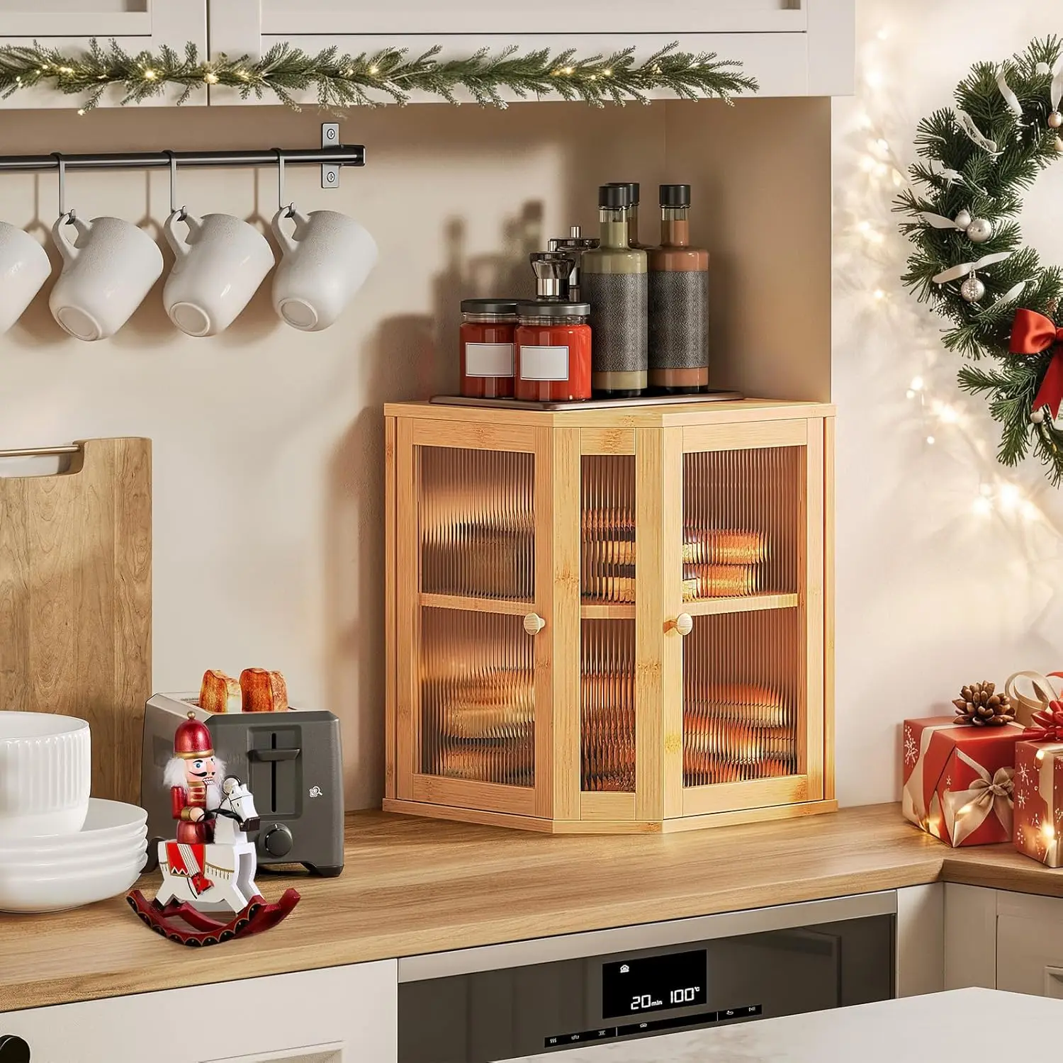 Bamboo Bread Box with Dual Acrylic Doors, 2-Tier Storage for Kitchen Countertop, Large Capacity Food Container