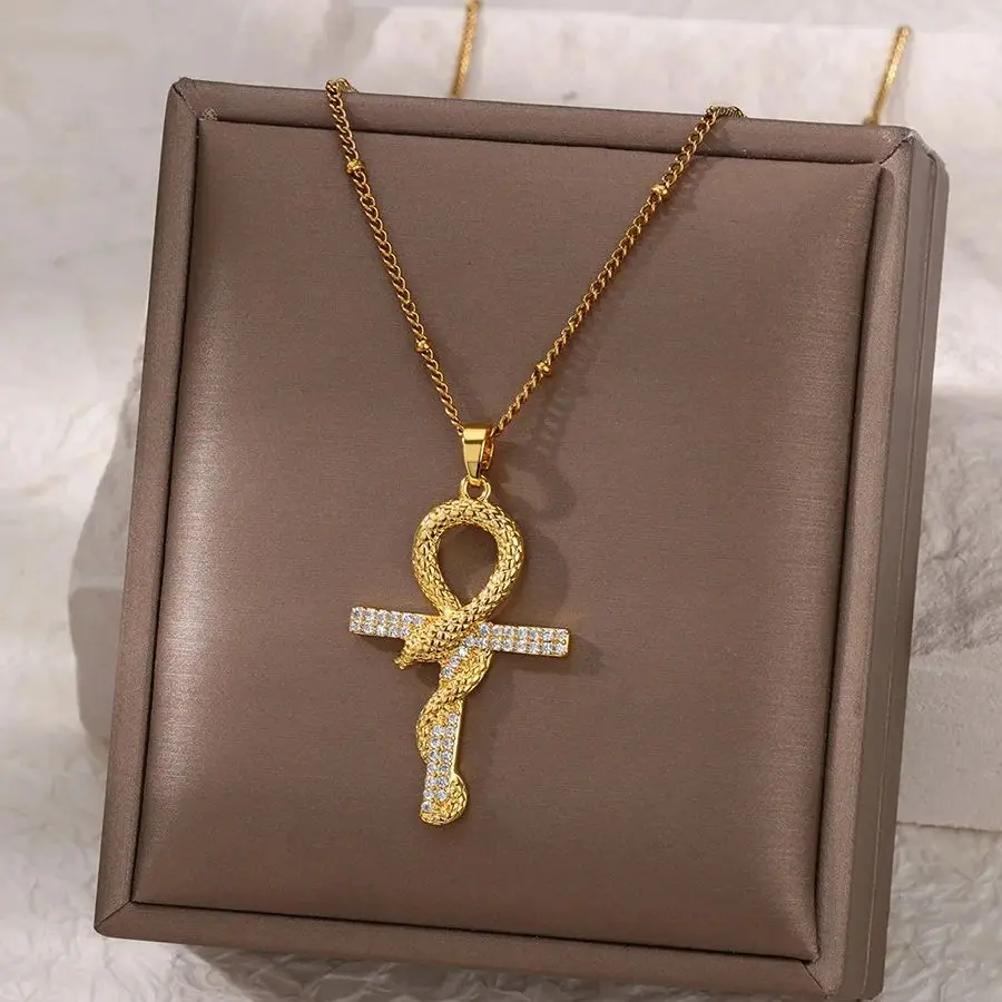 

Vintage Egyptian Cross Necklace for Women Gold Color Snake Wrap Cross Pendant Necklaces Fashion Wedding Egyptain Jewelry Gift