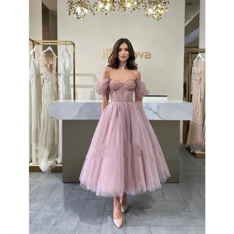 Aleeshuo Simple A-Line Prom Dresses Organza Off The Shoulder Strapless Evening Dress Saudi Arabia Ankle-Length Cocktail Occasion