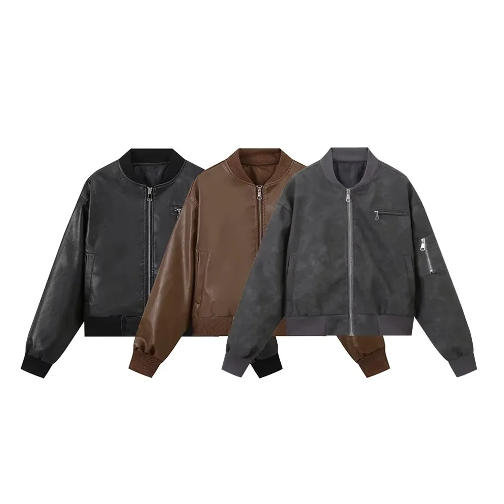 

New women's clothing style fashionable and versatile casual three color cotton jacket long sleeved leather jacket