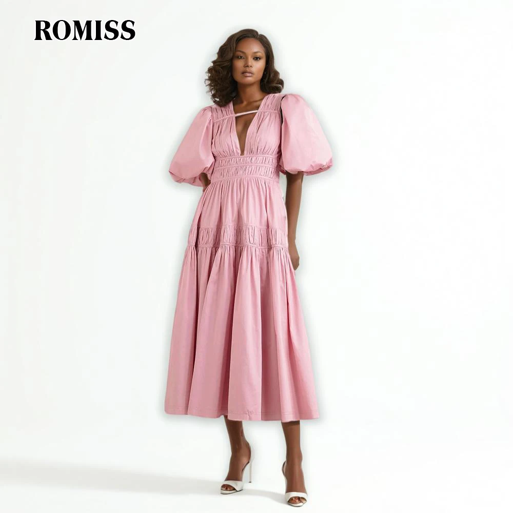 

ROMISS Minimalist Folds Dress For Women V Neck Puff Sleeve High Waist Slimming Spliced Ruffled Summmer Long Dresses Female New