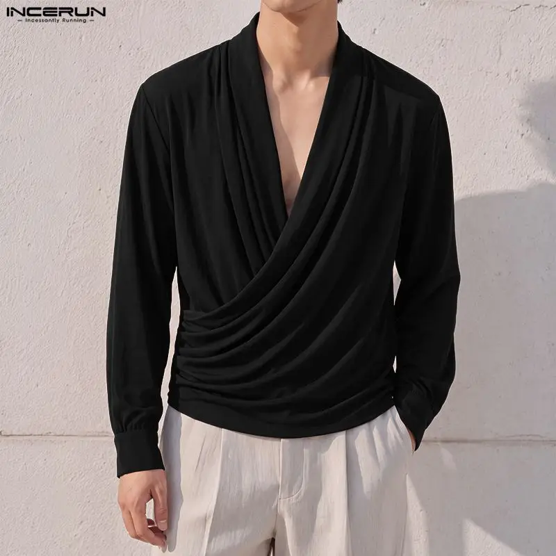 INCERUN Men's Shirt Solid Color Pleated V Neck Long Sleeve Casual Men Clothes Streetwear Fashion Leisure Tops For Man Camisas