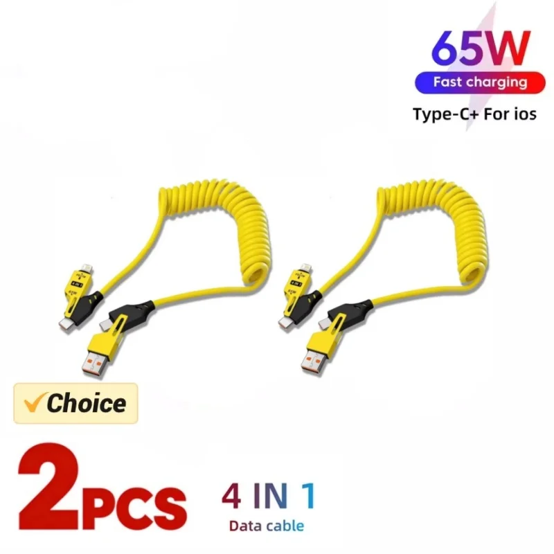 2PCS 4 in 1 65W Spring Short Data Cable 6A USB Type C Spring Telescopic Quick Charger Wire Spring USB Cable for iPhone15 141312