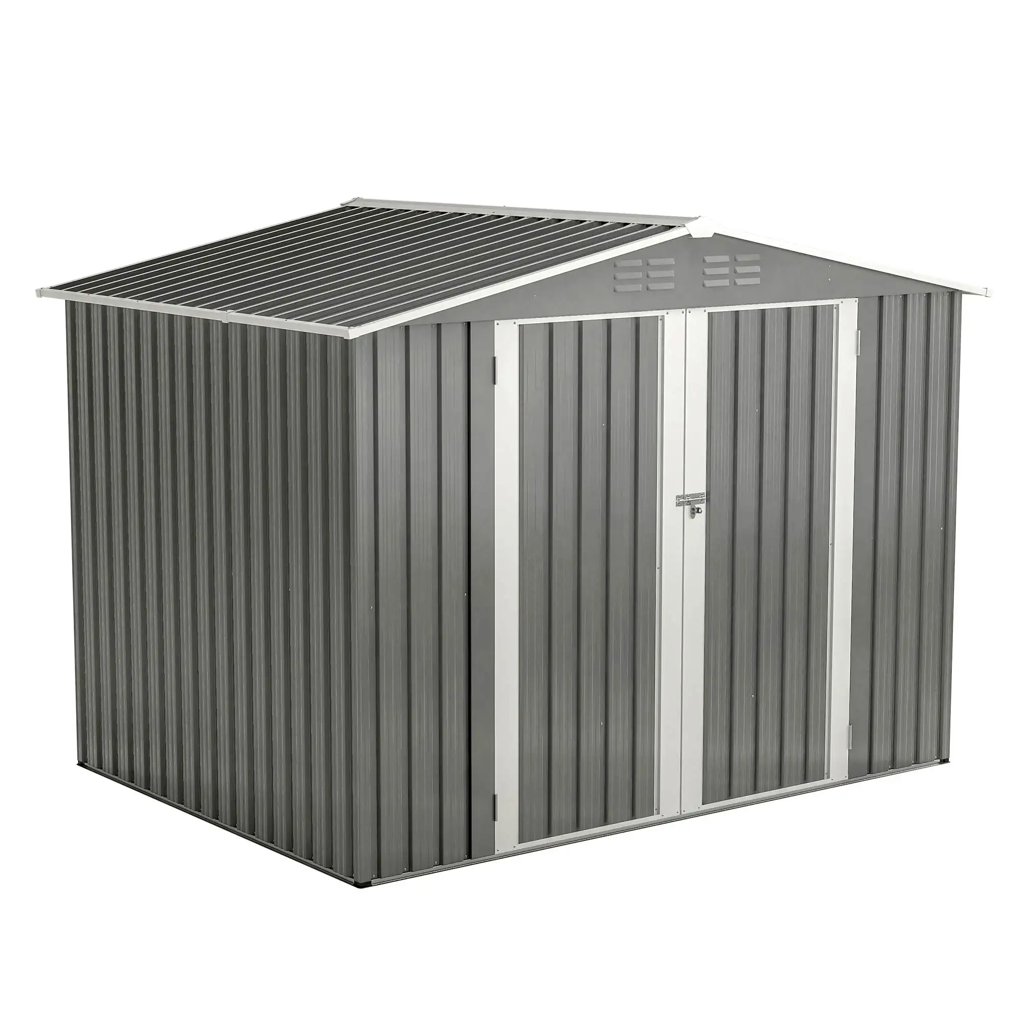 8x6 FT Outdoor Waterproof Garden Shed, Metal Foundation, Lockable Hinged Doors, Air Vents, Gray for Backyard & Lawn