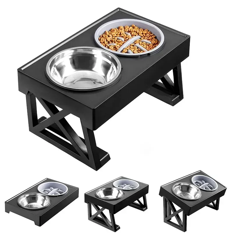 

Dog Double Elevated Bowls Stand 3 Adjustable Height Pet Slow Feeding Dish Bowl Medium Big Dog Elevated Food Water Feeders Table