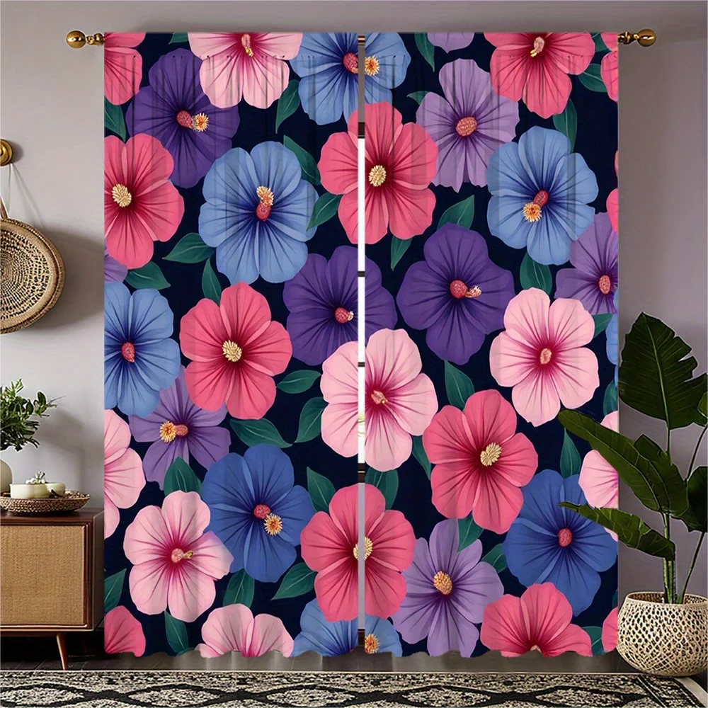 2pcs Vibrant Floral Print Curtains - Pink, Blue & Purple Flowers on Dark Background, Semi-Transparent Polyester Fabric, Rod Pock