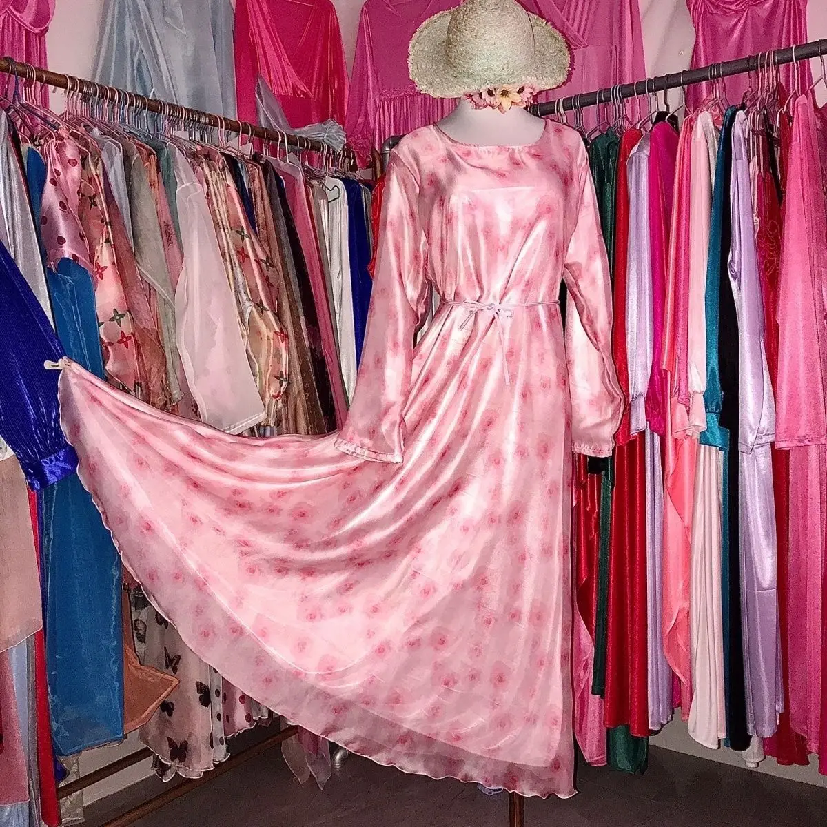 2 Layers Voile Outside Ice Silk Inside Floral Print Glossy Sexy Women's Satin Long Dress Silky Loose Maxi Dress Elegant Dresses